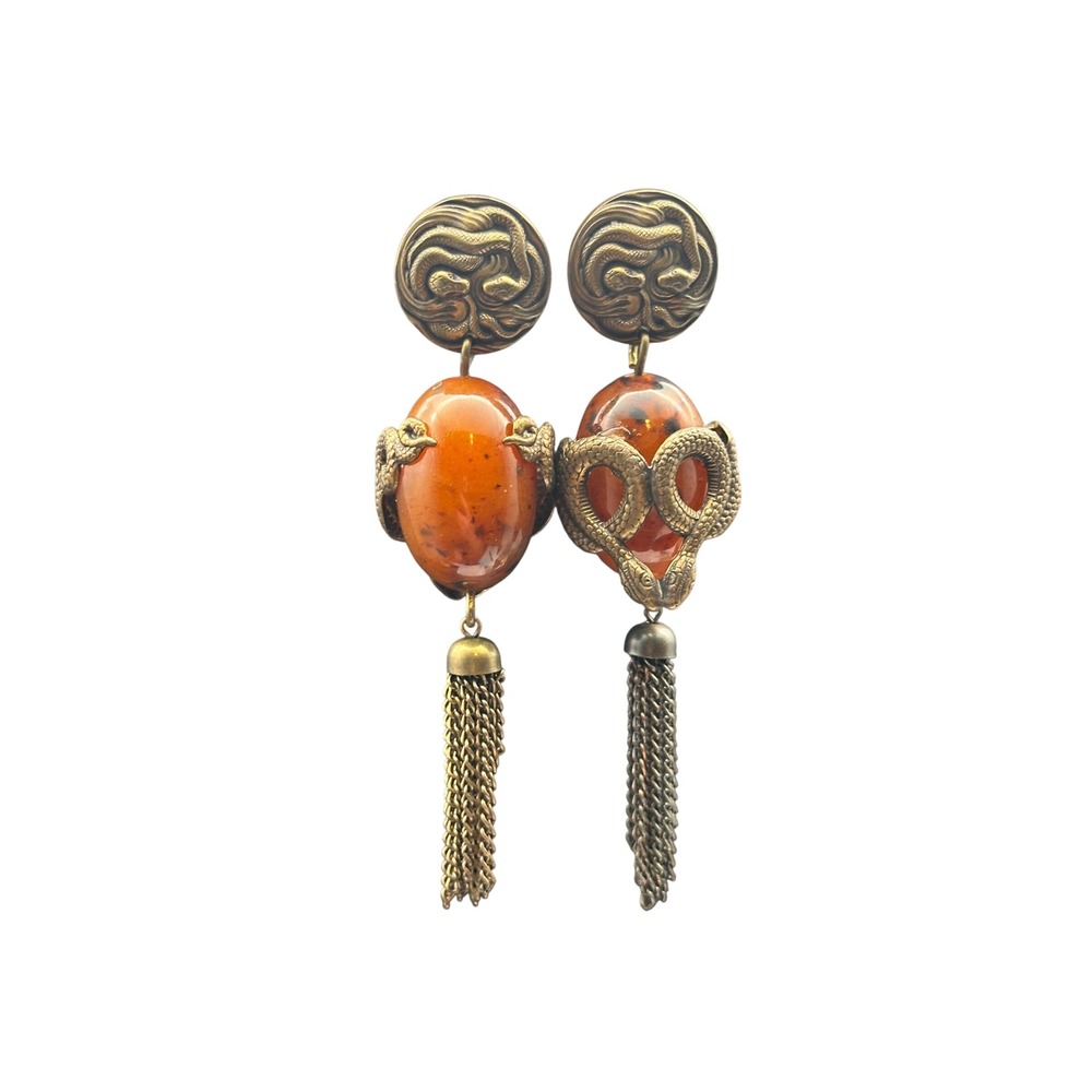 Vintage Egyptian Revival Bronze Snake Serpent Dangle Earrings Faux Amber Tassel